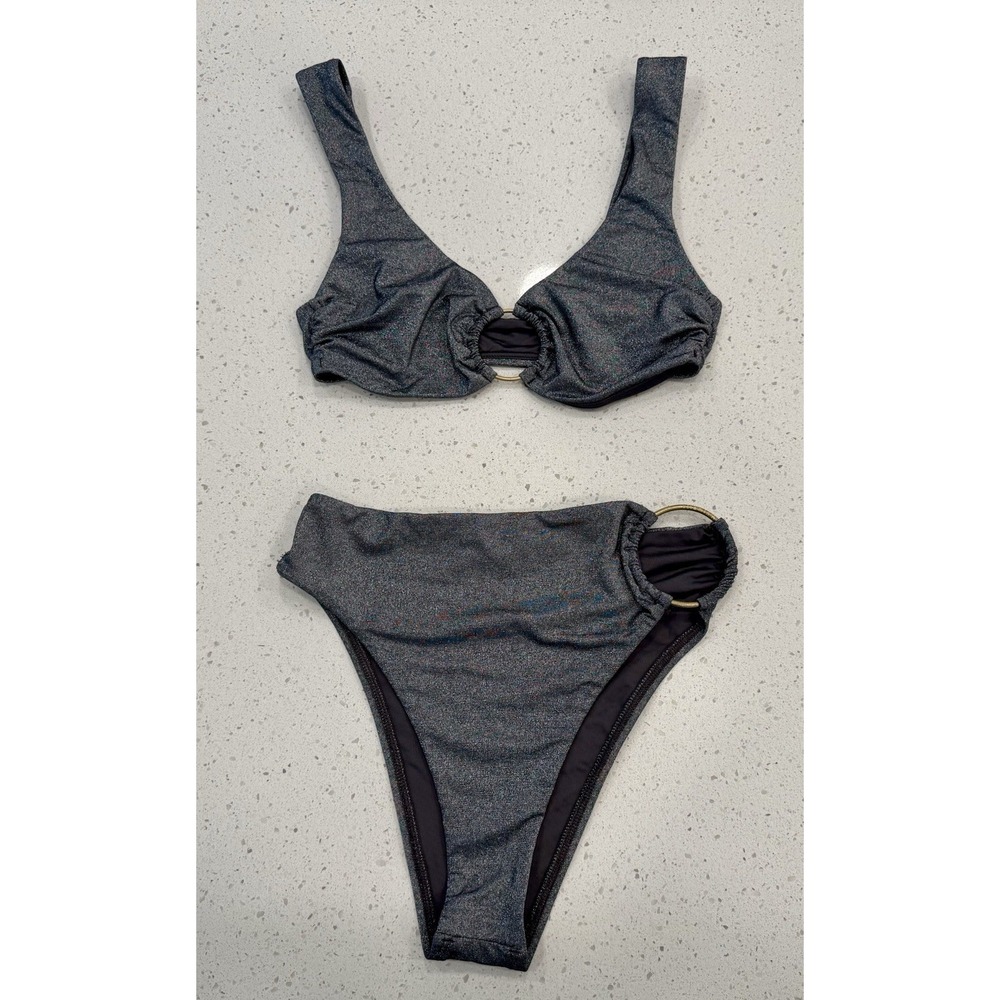 Vitamin A Metallic Black Bikini Set Metal Ring Accent High-Waisted Bralette